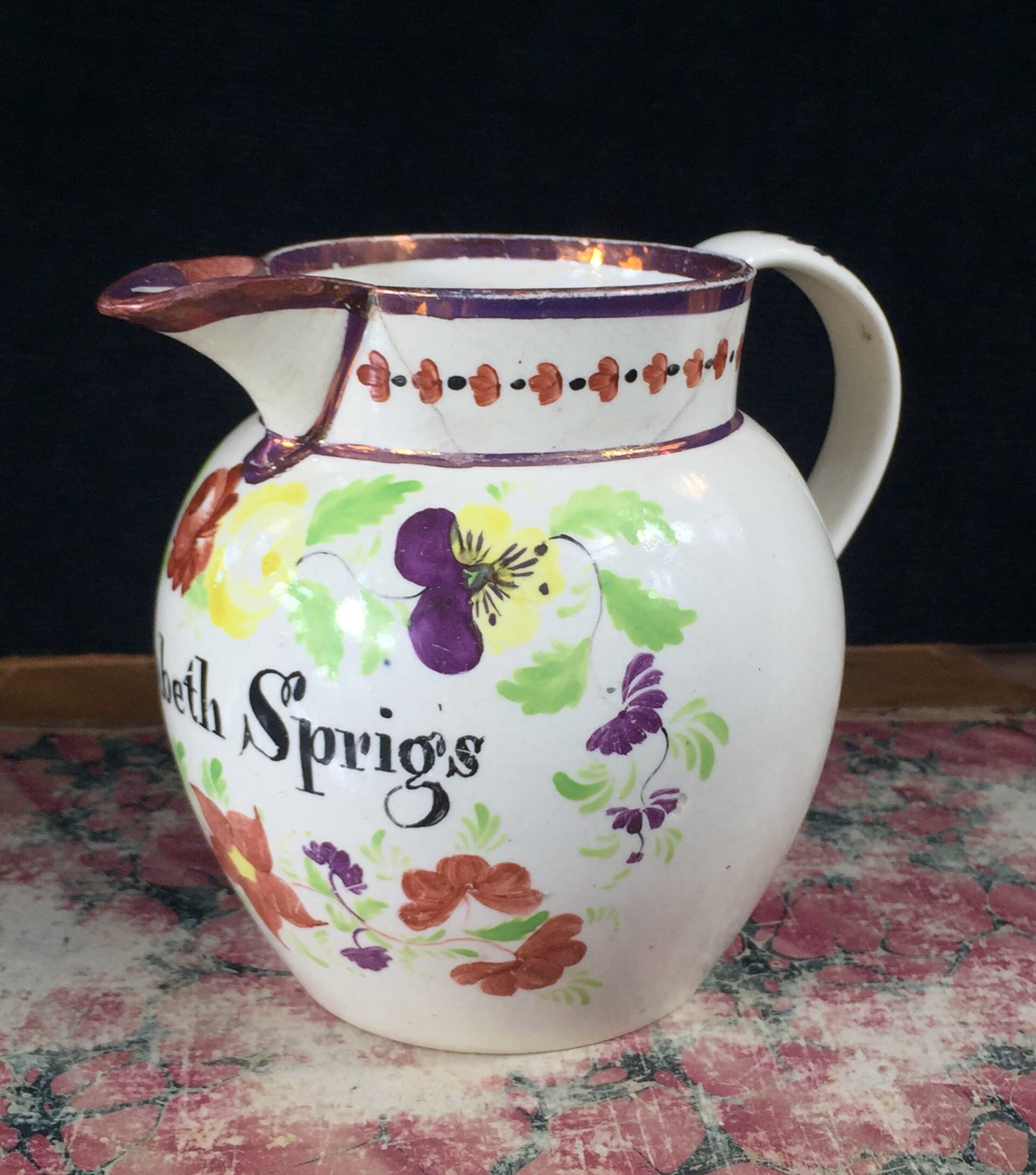 English creamware jug, lustre & flowers, inscribed Elizabeth Sprigs, c.1825 -0