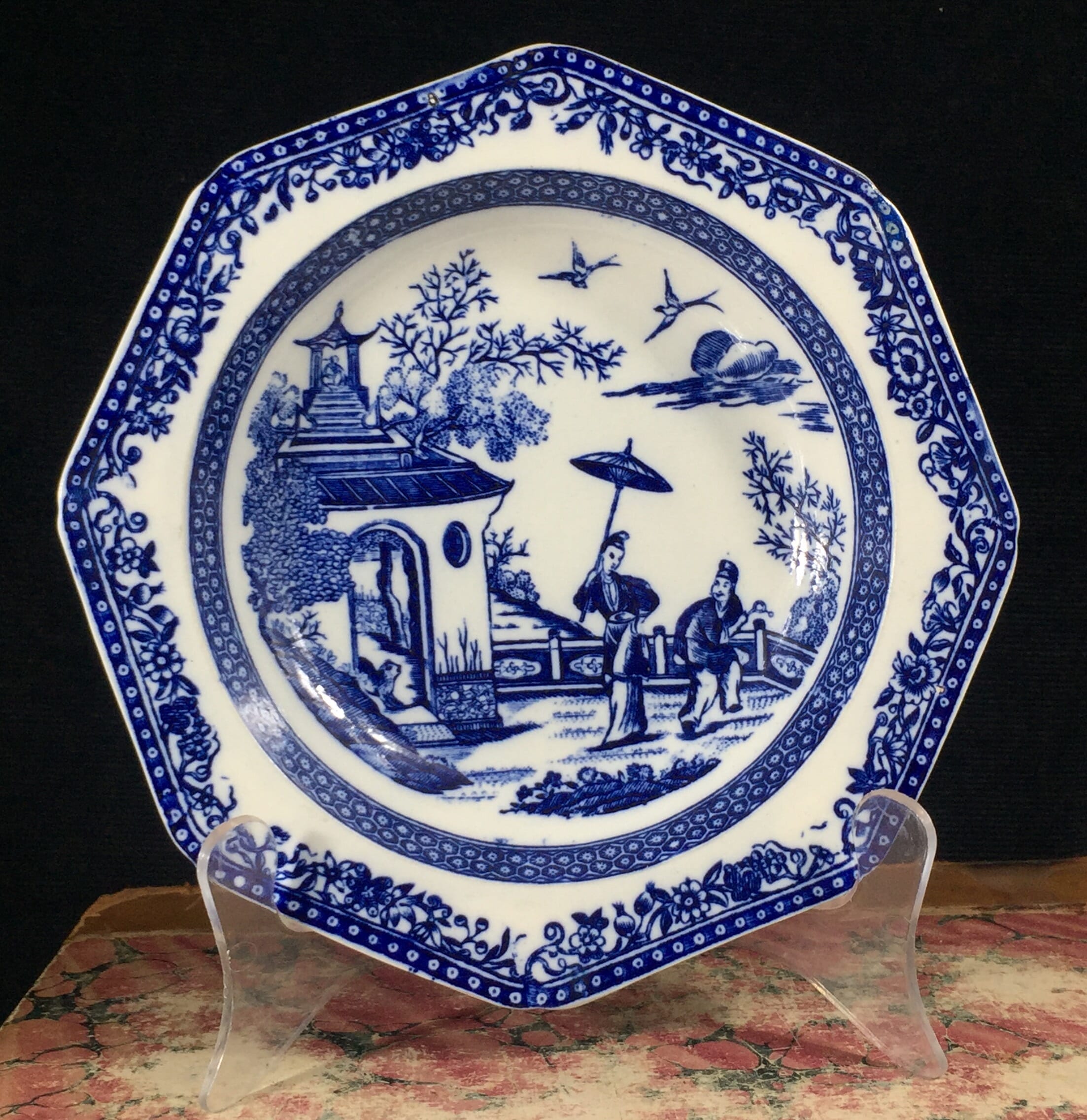 Pearlware octagonal plate, Swansea 'Lady with Parasol' pattern, c. 1790 -0