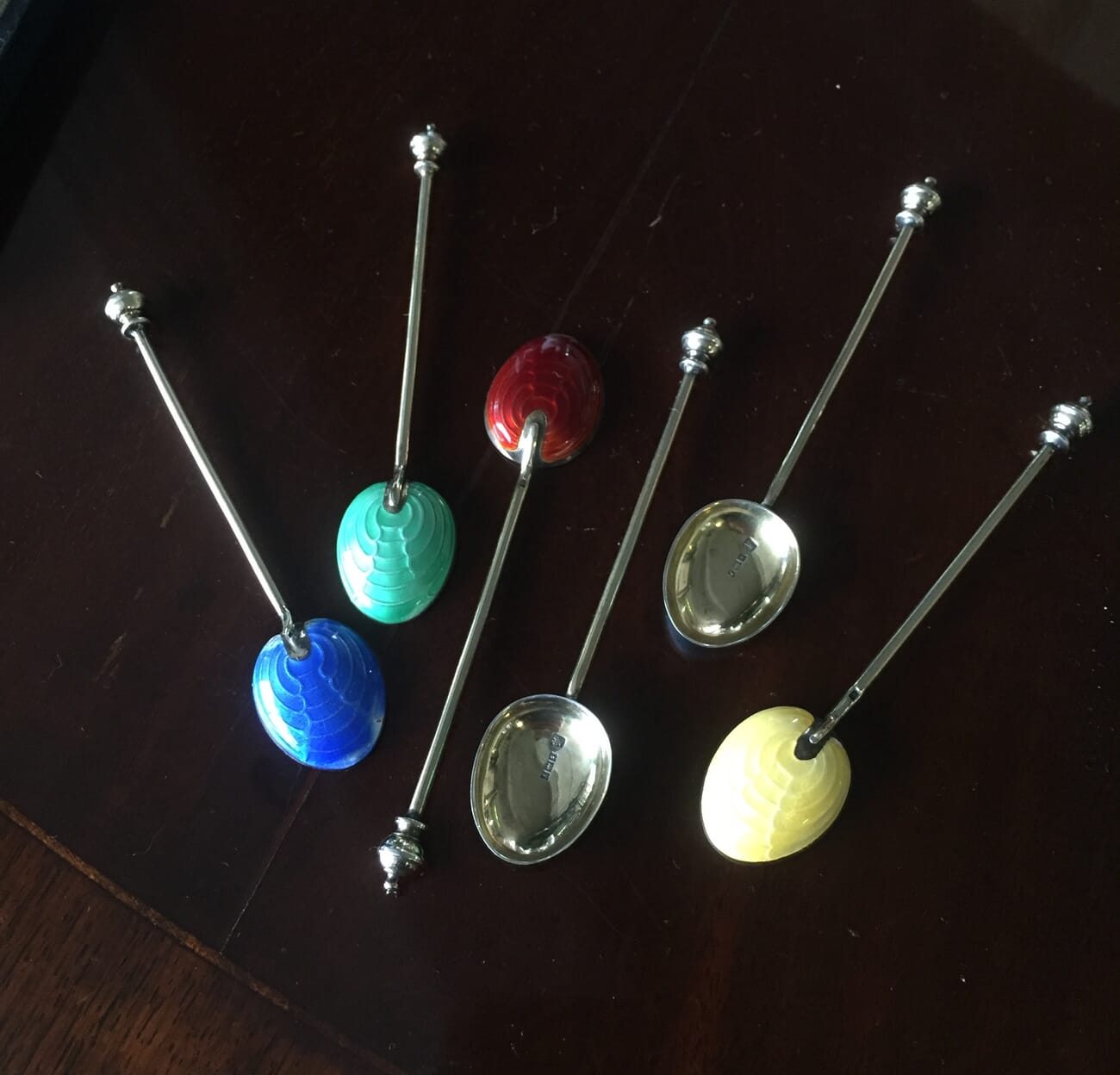 Set of 6 sterling silver and enamel coffee spoons, hallmarked 1955-60-16652