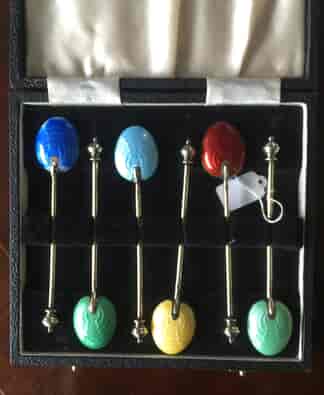 Set of 6 sterling silver and enamel coffee spoons, hallmarked 1955-60-0