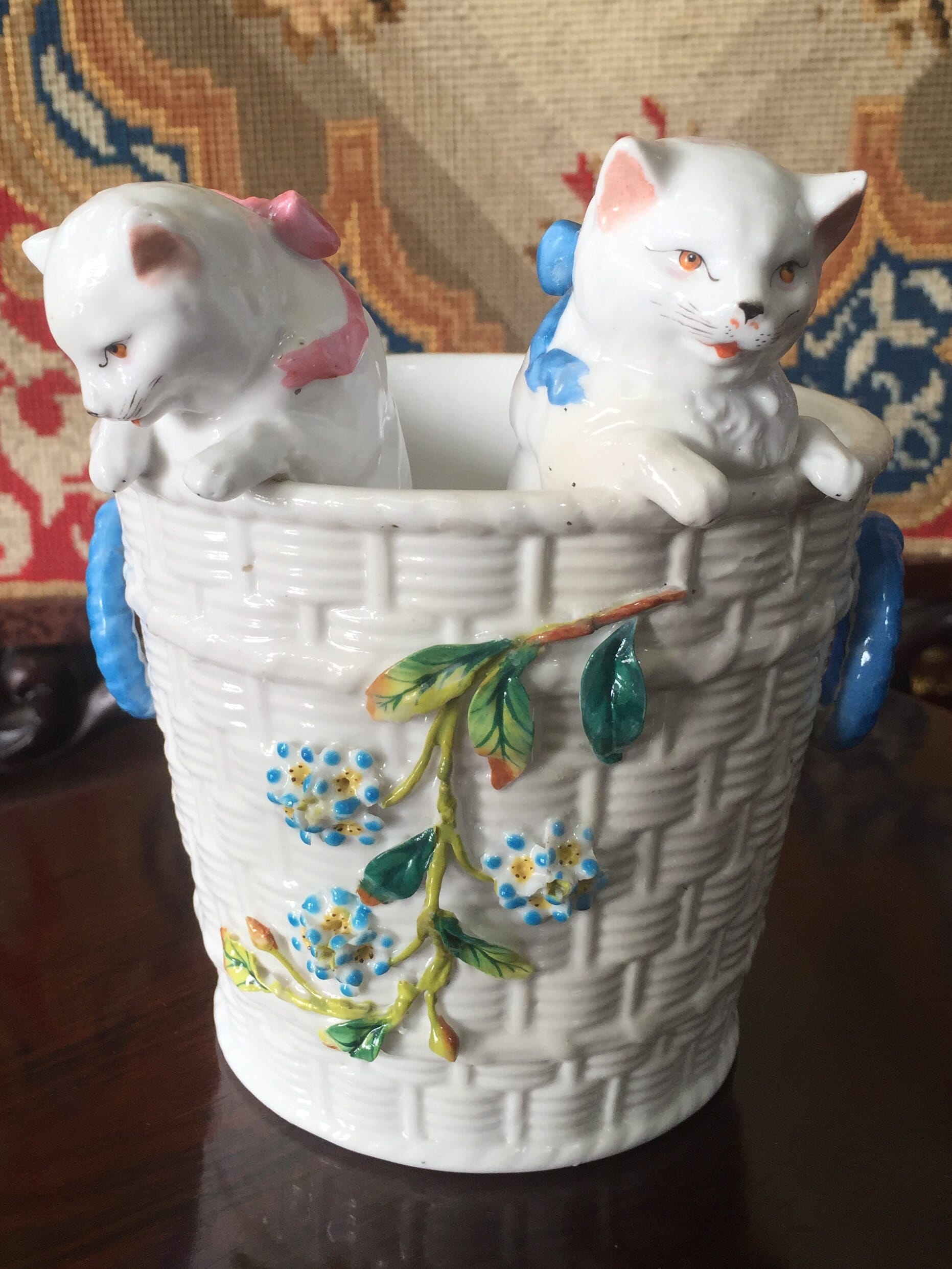 Porcelain vase modelled as a wicker basket with two kittens, c. 1895-0