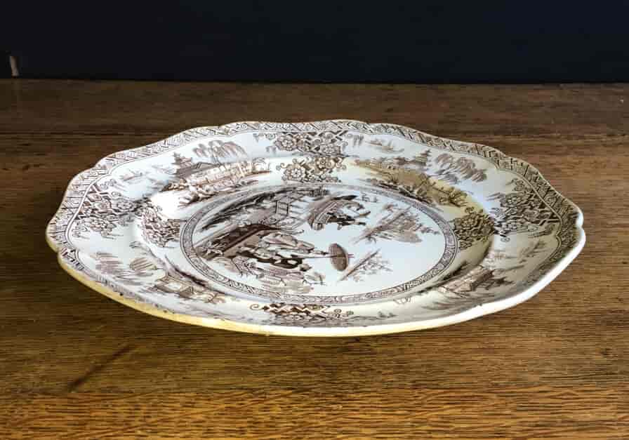 Ridgway pottery plate, brown 'Napier' pattern chinoiserie, c. 1840-16779