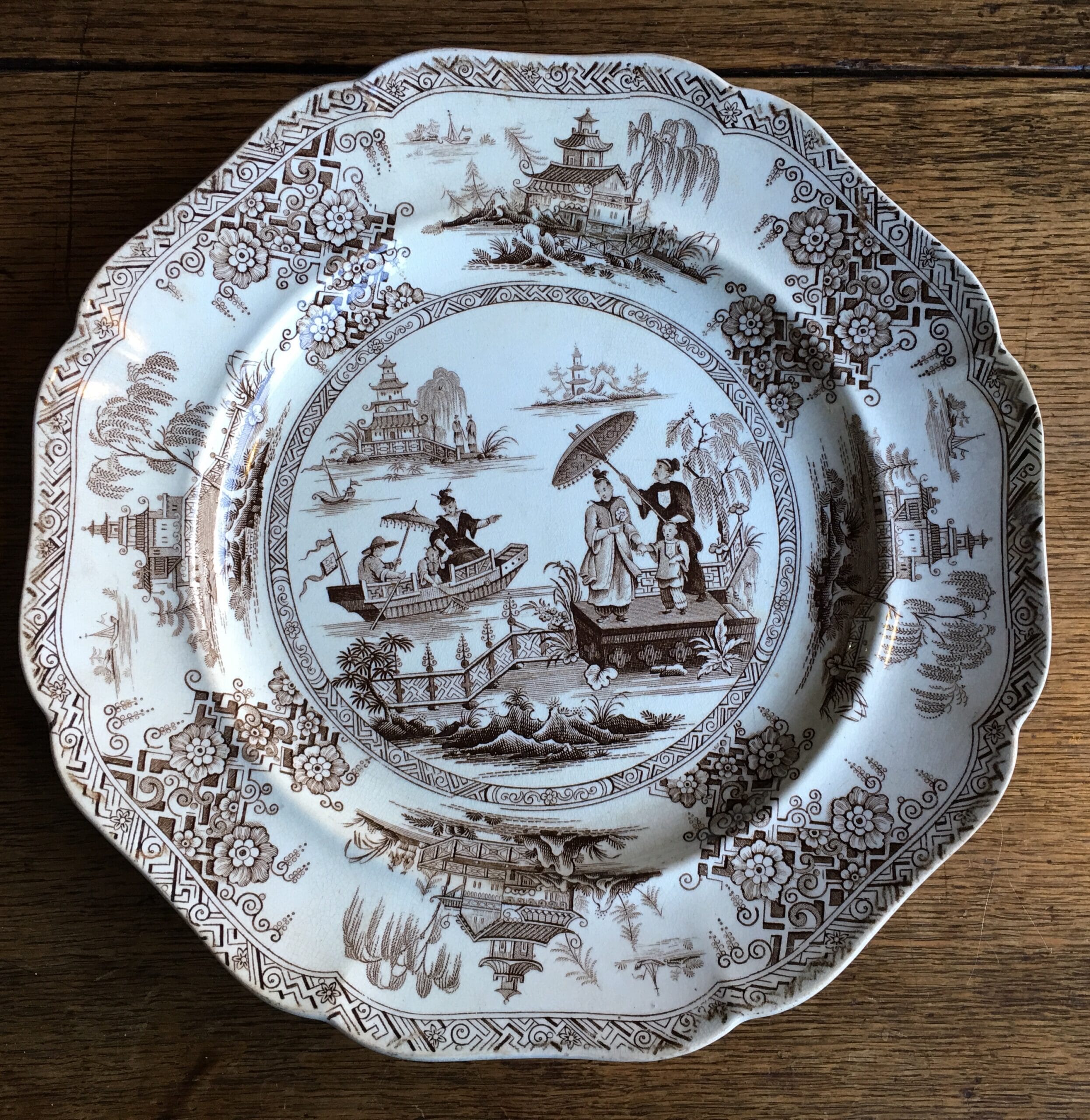 Ridgway pottery plate, brown 'Napier' pattern chinoiserie, c. 1840-0