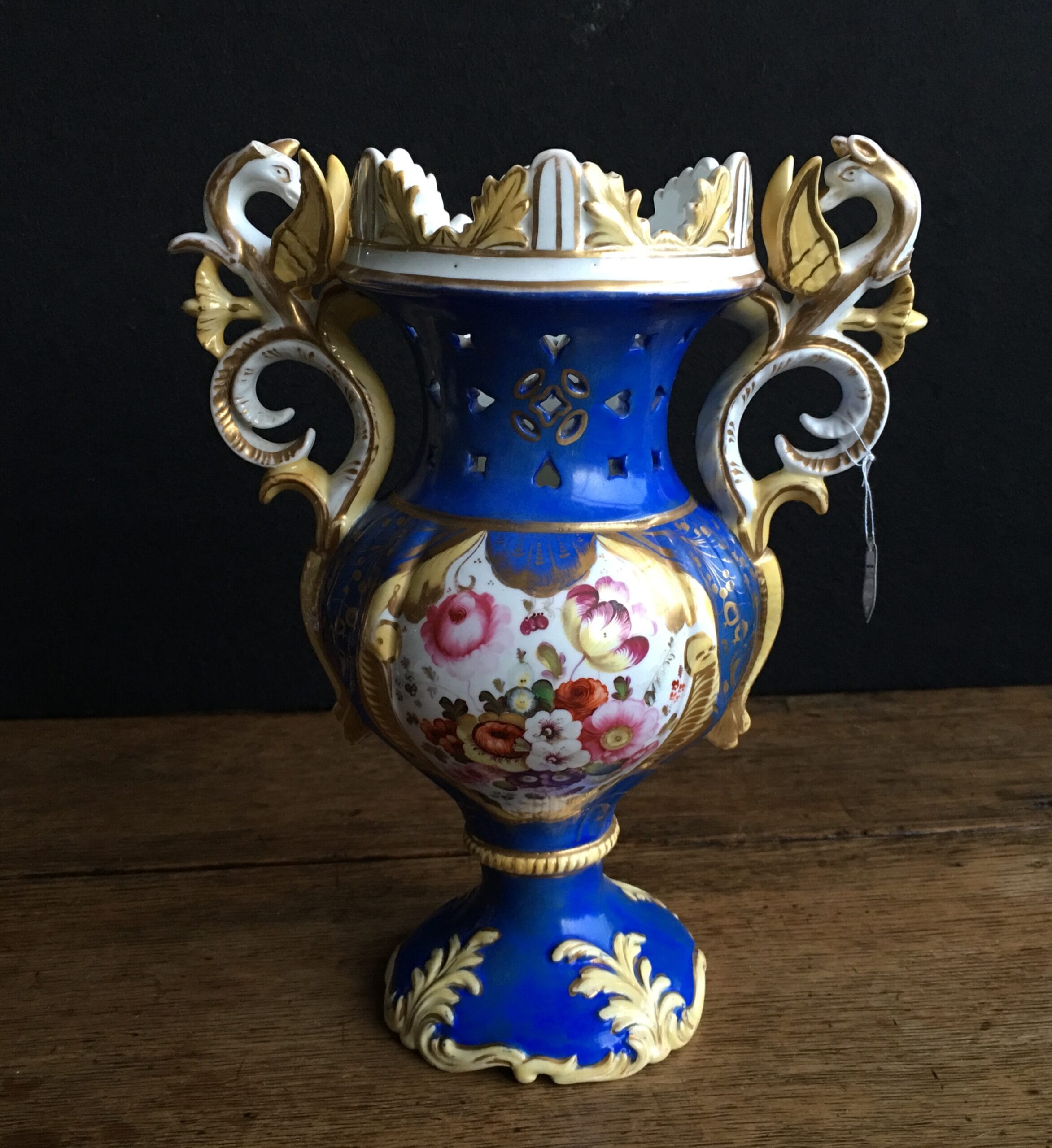 Samuel Alcock blue ground rococo vase with griffin handles, c. 1840-0