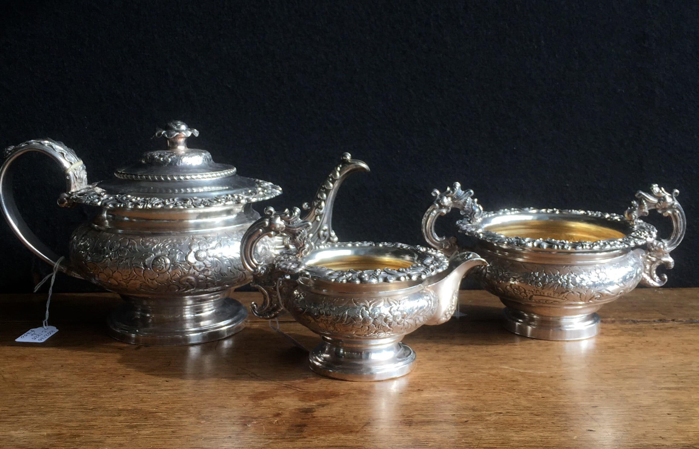 Old Sheffield Plate tea service, engraved flowers, c. 1825-0
