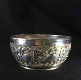 Burmese silver bowl, Burmese lion embossed, c. 1900-0
