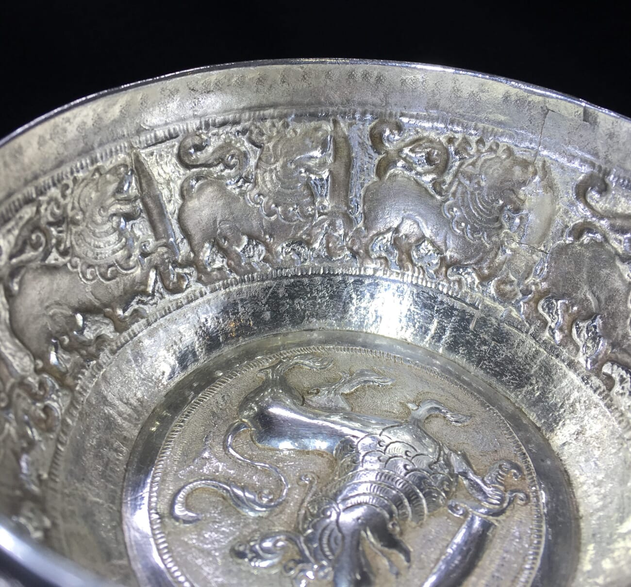 Burmese silver bowl, Burmese lion embossed, c. 1900-17178