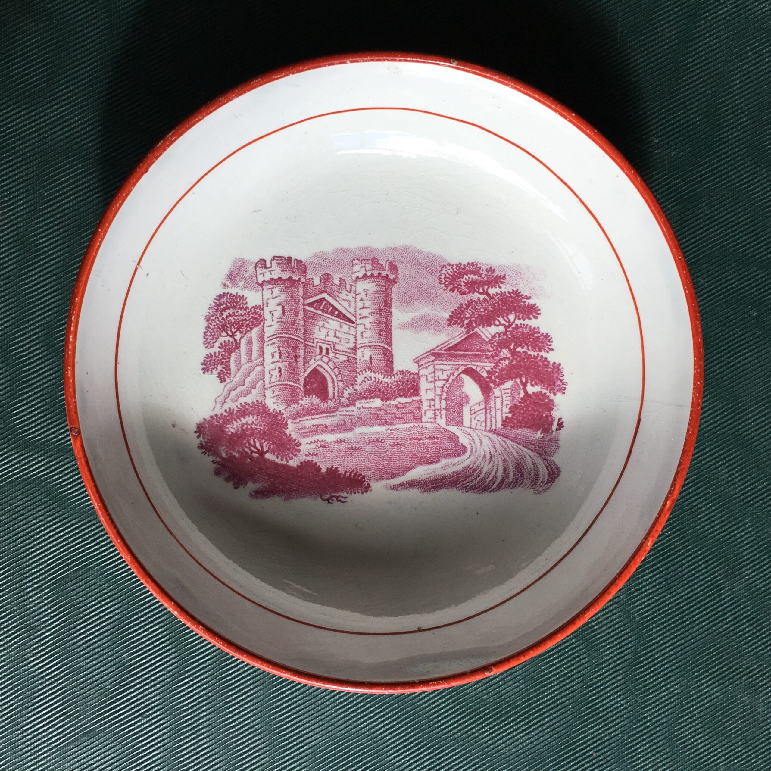 English creamware small saucer, purple ruins print, c. 1810-0