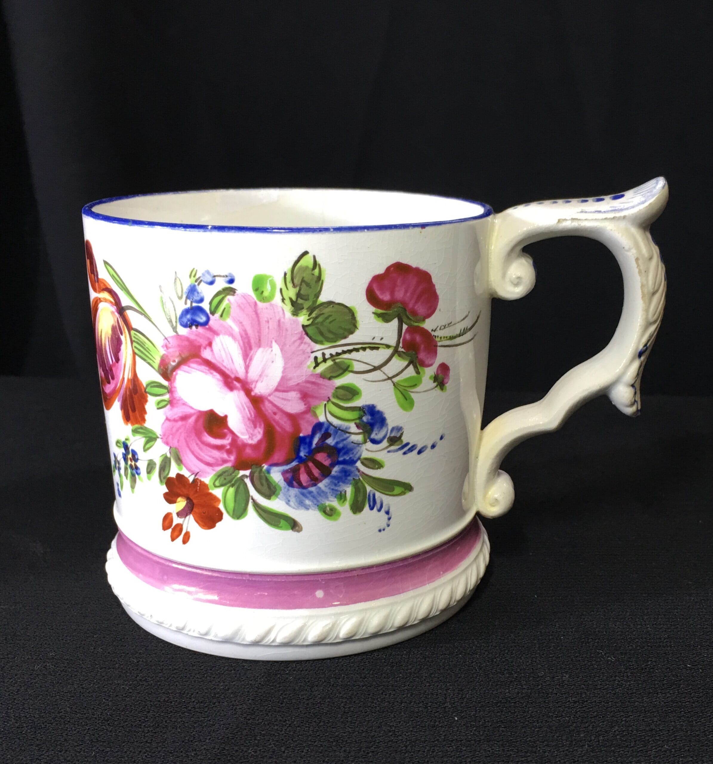 Pearlware mug, ornate handle with flower painting, inscribed AH 1831 -0