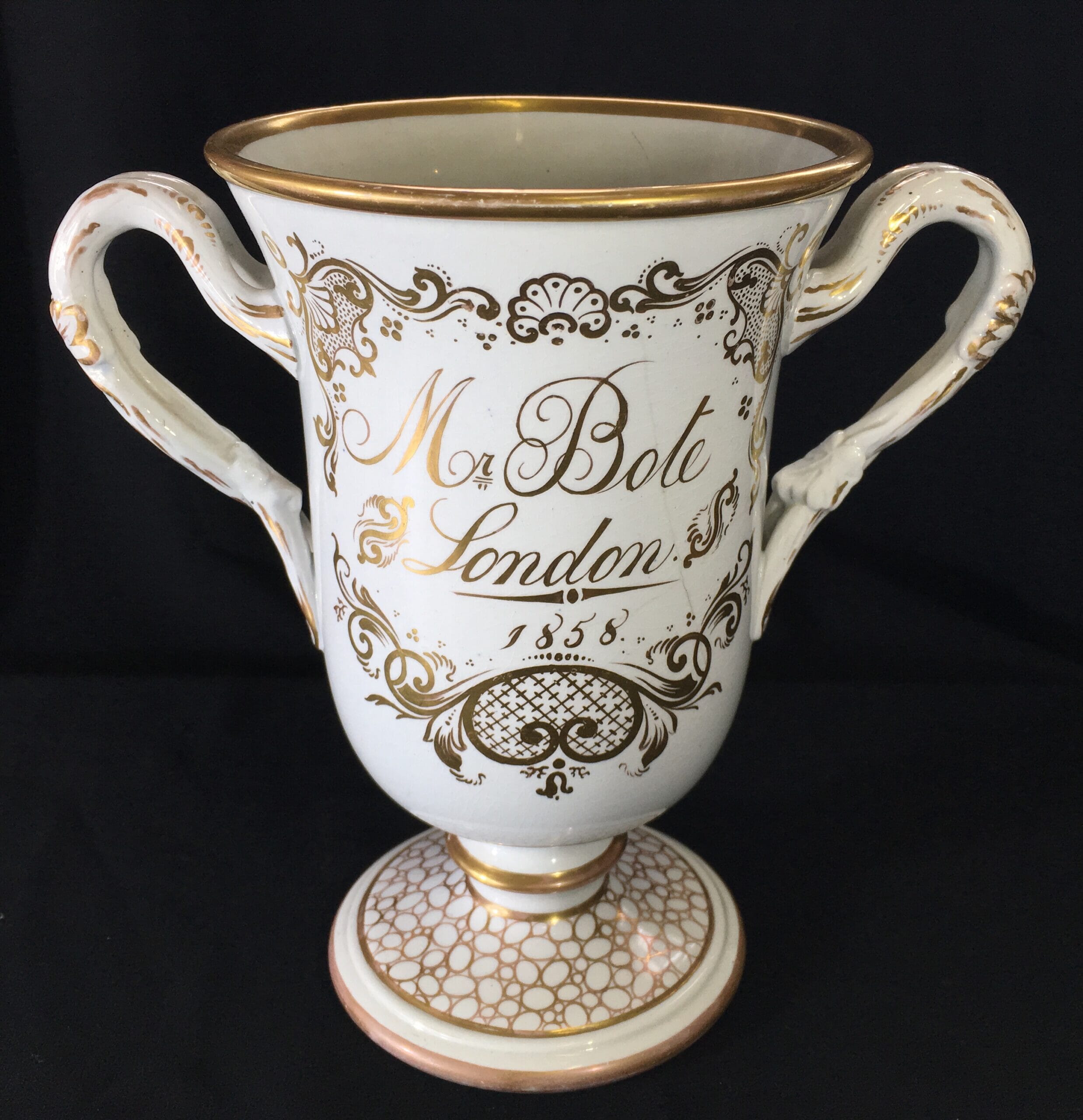 Staffordshire pottery presentation cup dated 1858 -0