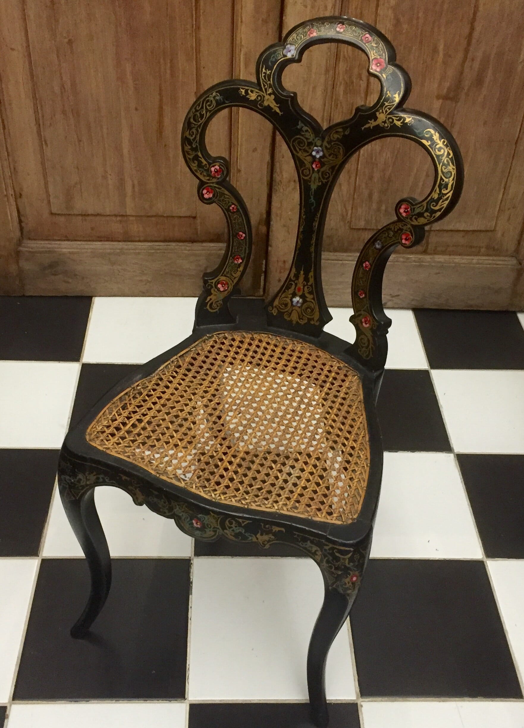 Victorian black lacquer & pearlshell painted chair, C1870.-0