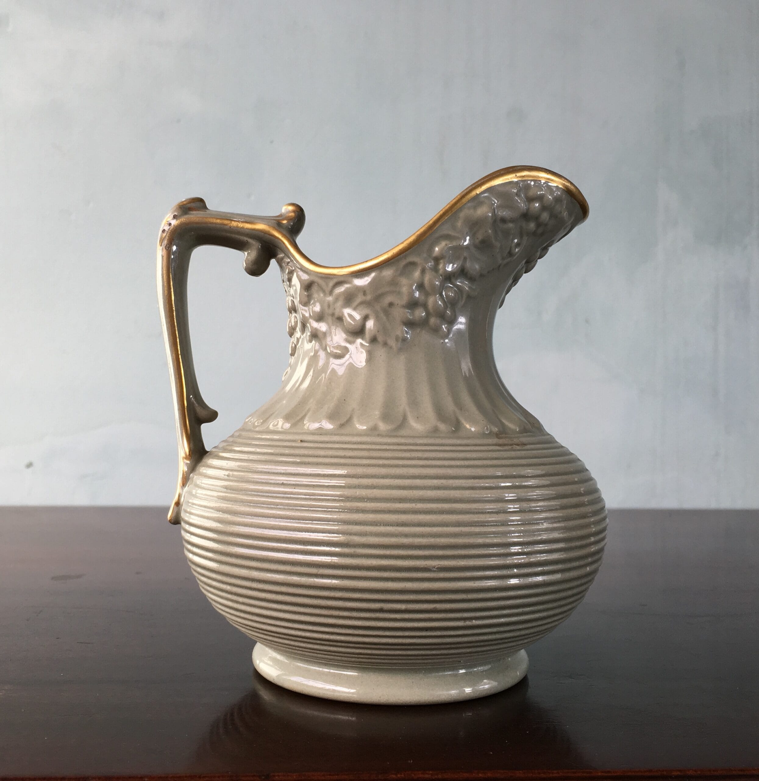 English moulded jug, celedon glaze with vine moulding, c. 1830-0