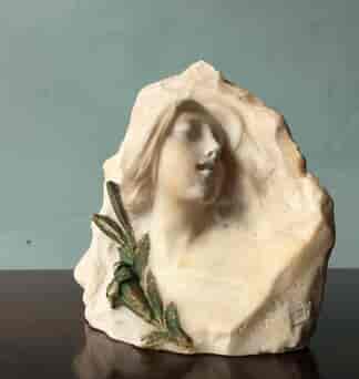Carved marble Art Nouveau bust with lilly, signed SOAVITE, c.1900-0