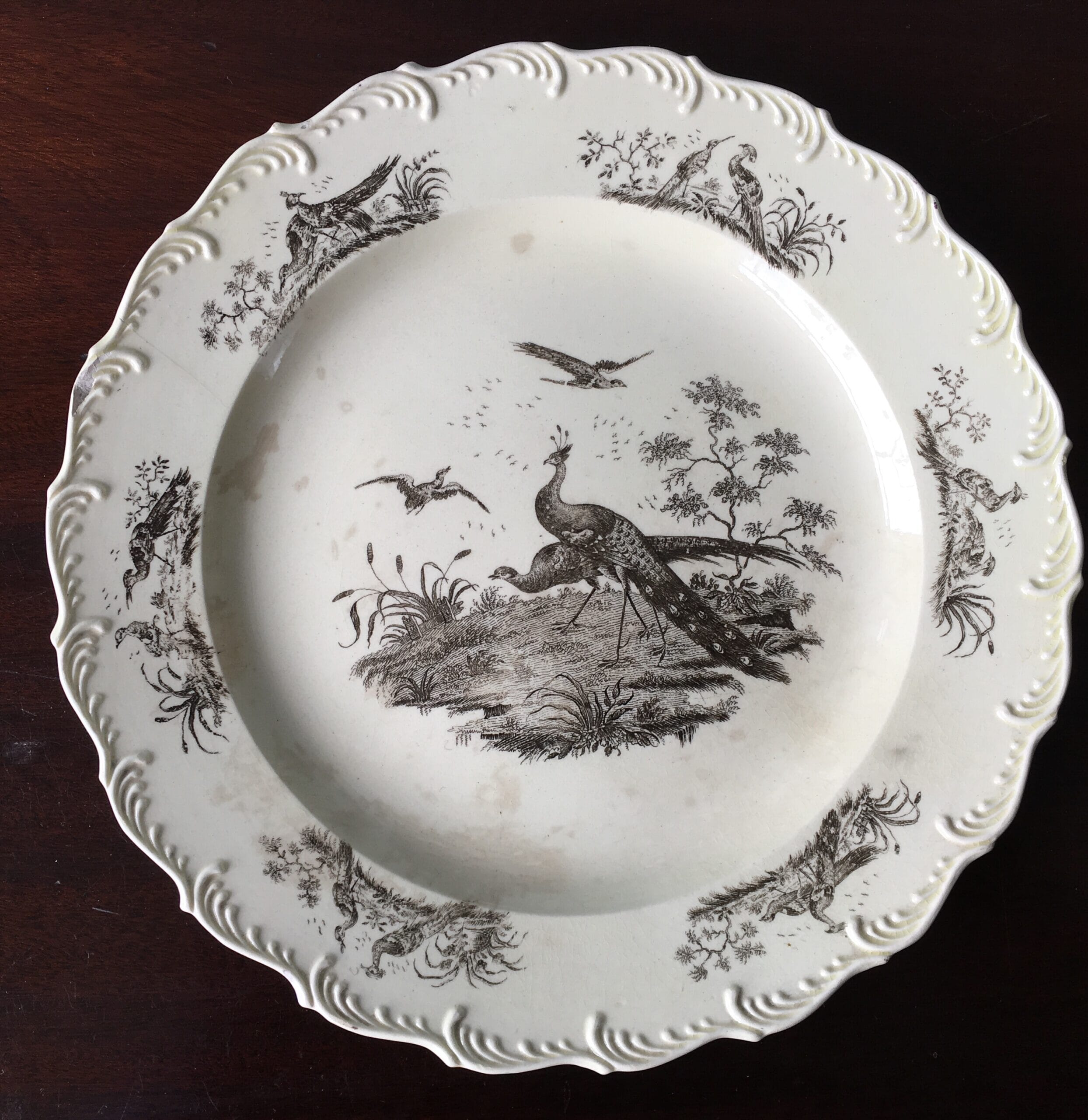 Leeds creamware plate, feather moulded rim, exotic birds print by Sadler & Green c.1770 -0