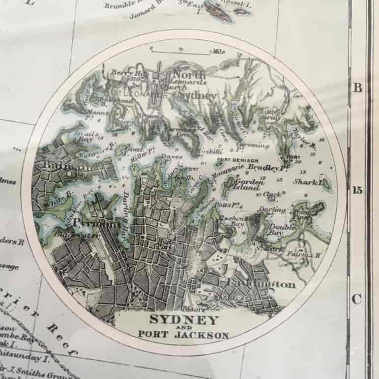 Framed printed map of Australia, Melbourne Adelaide, Sydney, c.1900-17645