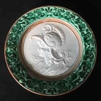 Small French majolica plaque with relief of a roman soldier, c. 1880-0