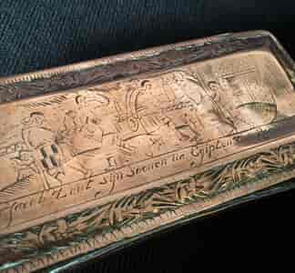 Dutch brass and copper tobacco box, engraved Biblical scenes, c.1750-0