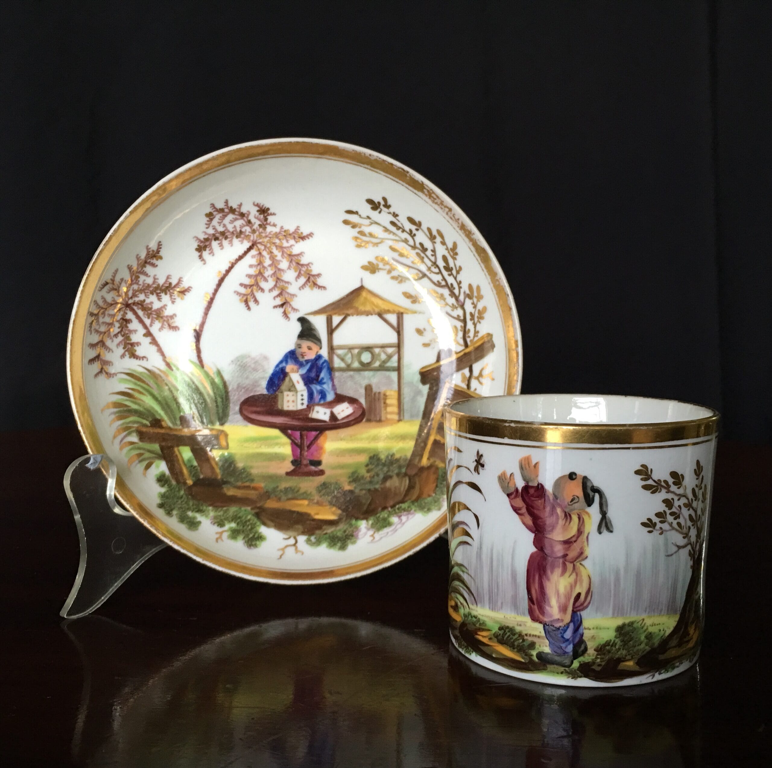 Minton 'Sporting Chinese' pattern coffee can & saucer, c.1820 -0