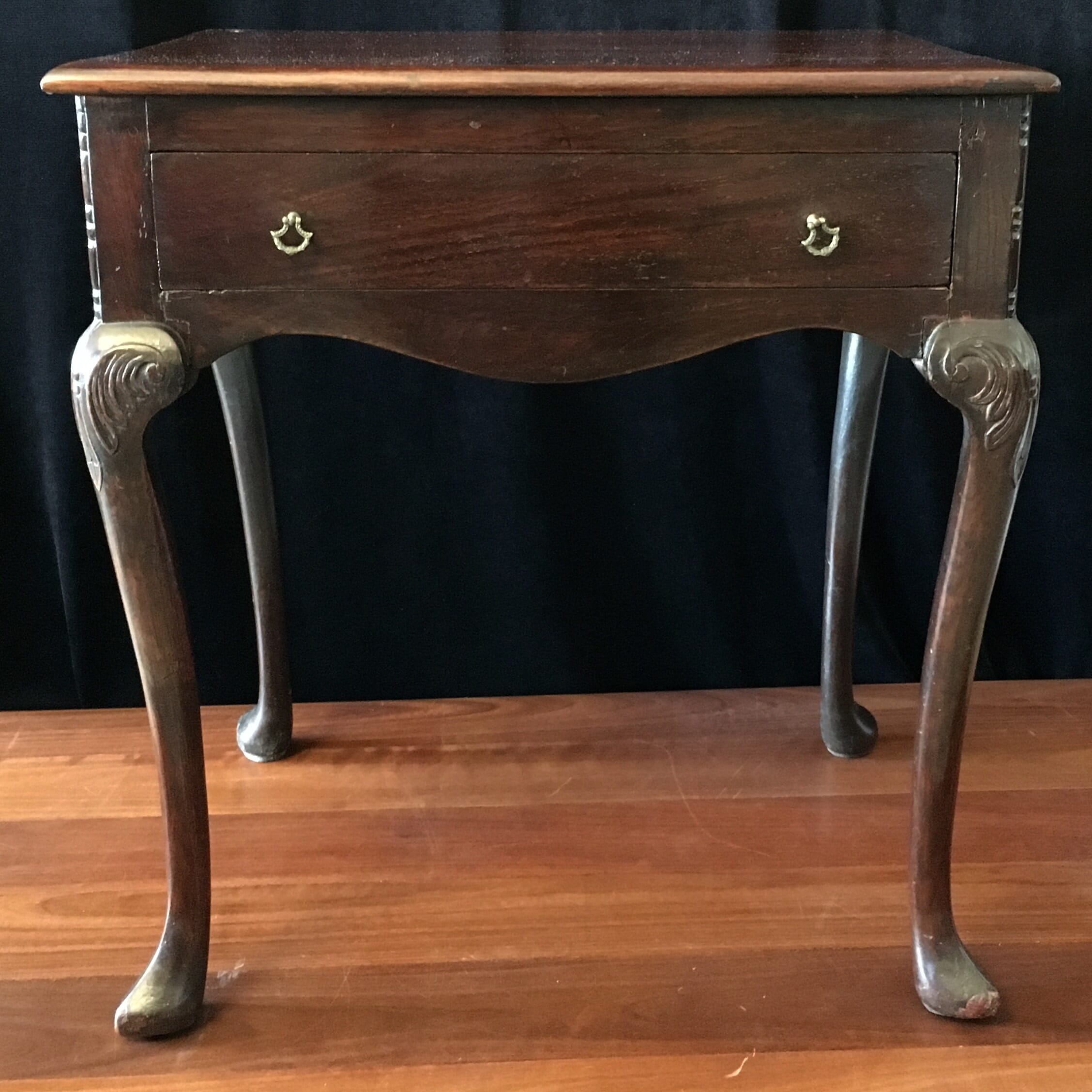 18th C English oak side table with draw to the front with elegant carved legs and later modifications -0