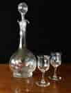 Victorian glass decanter & 2 matching bell shaped glasses, c. 1889-0