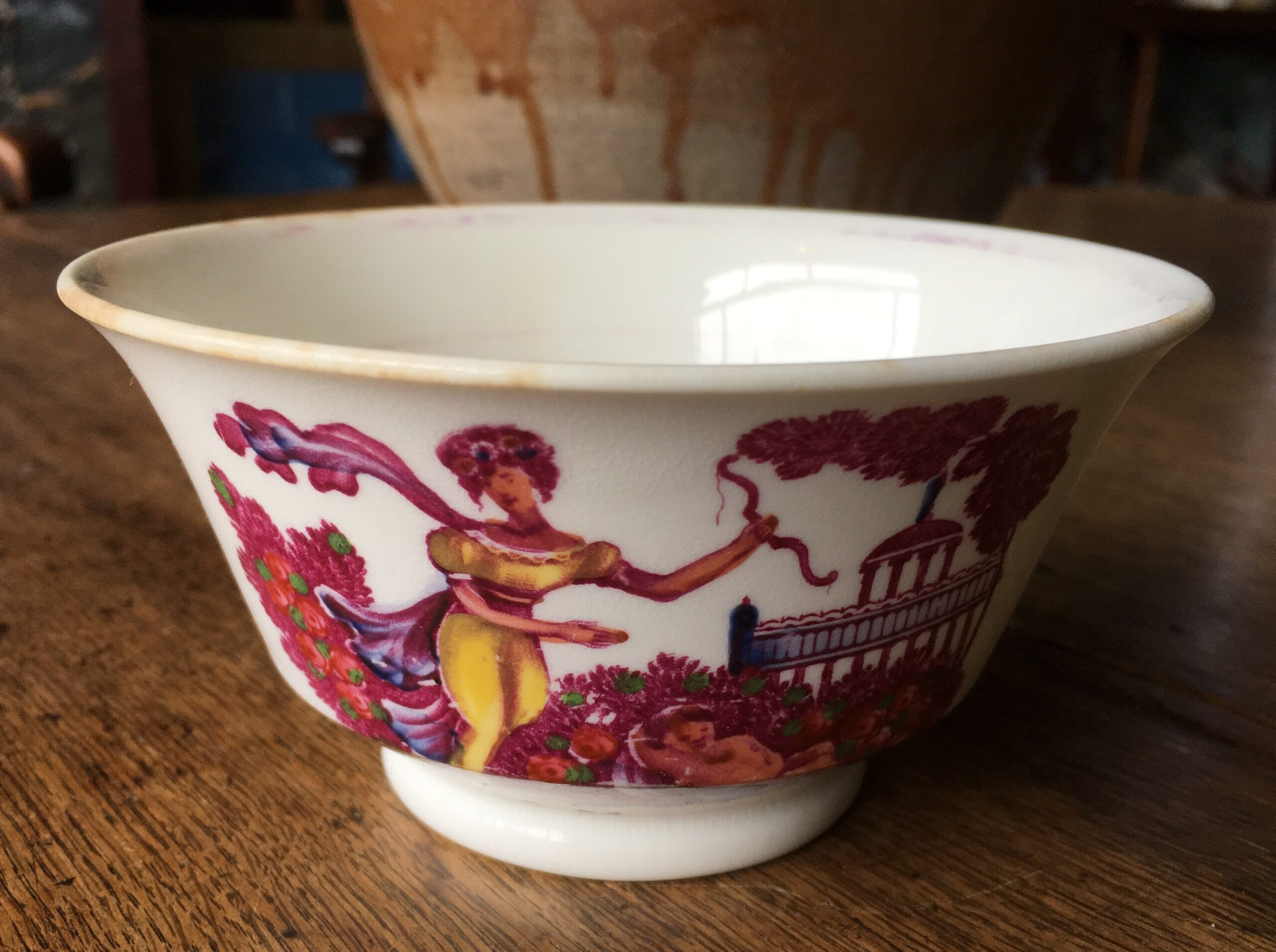 English porcelain bowl, Venus & Cupid naive purple print, circa 1820 -0