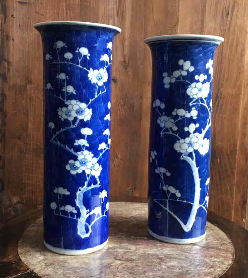 Pair of Chinese cylinder vases, flowering prunus, circa 1900-18460