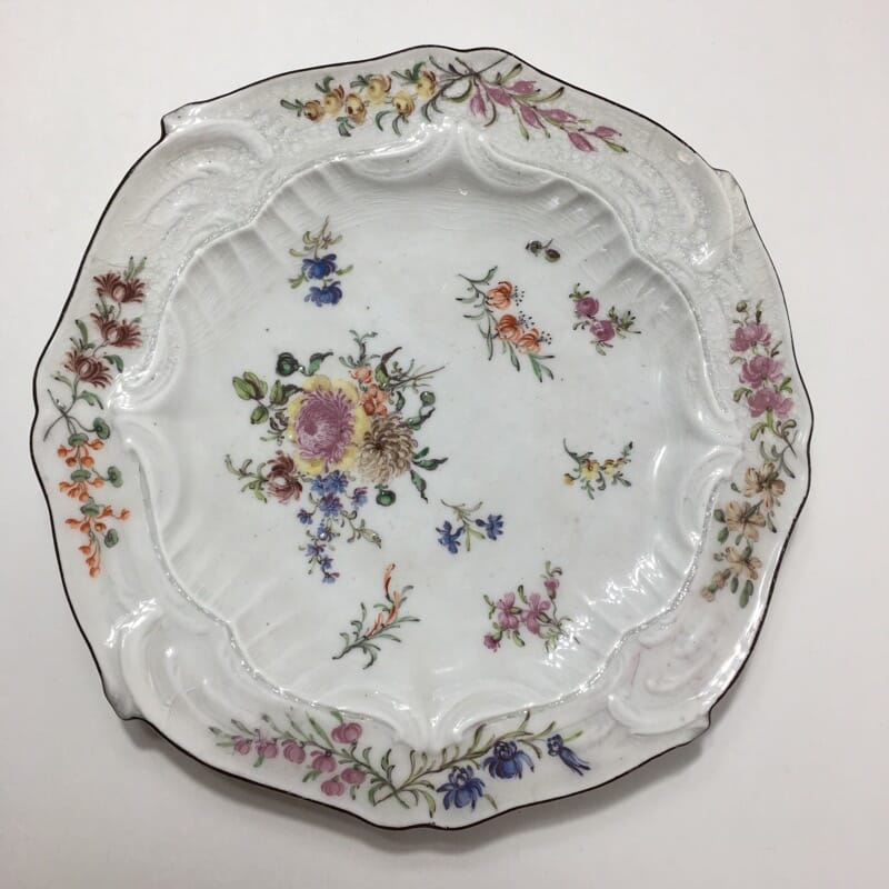 Chelsea plate, Rococo moulding with flowers, Red Anchor circa 1760-0