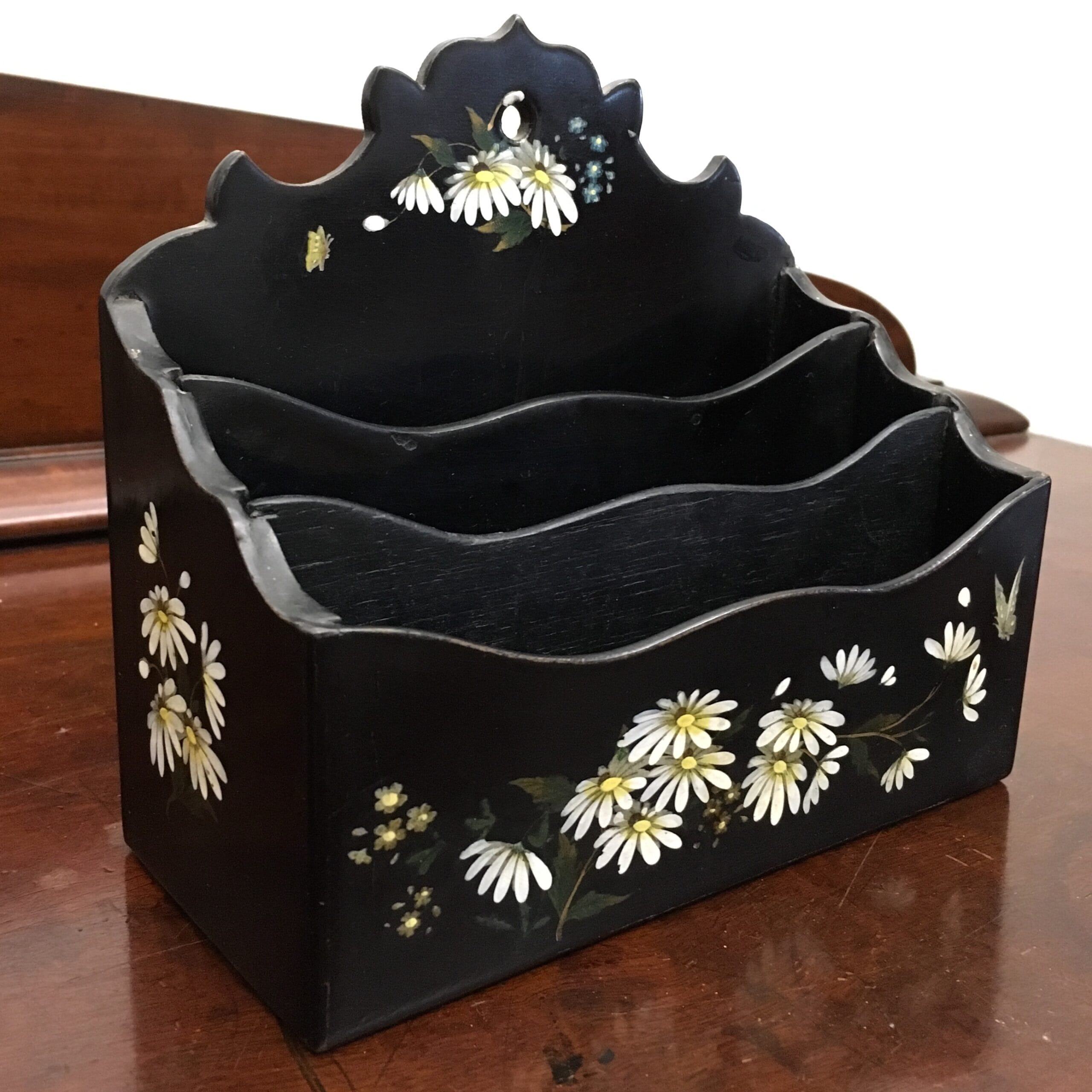 Victorian paper mache letter rack, hand painted with daisies and butterflies c. 1890-0