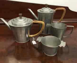Art Deco Malaysian pewter tea & coffee service, wicker handles, marked "Malayan C.K.T Pewter" c. 1920-0