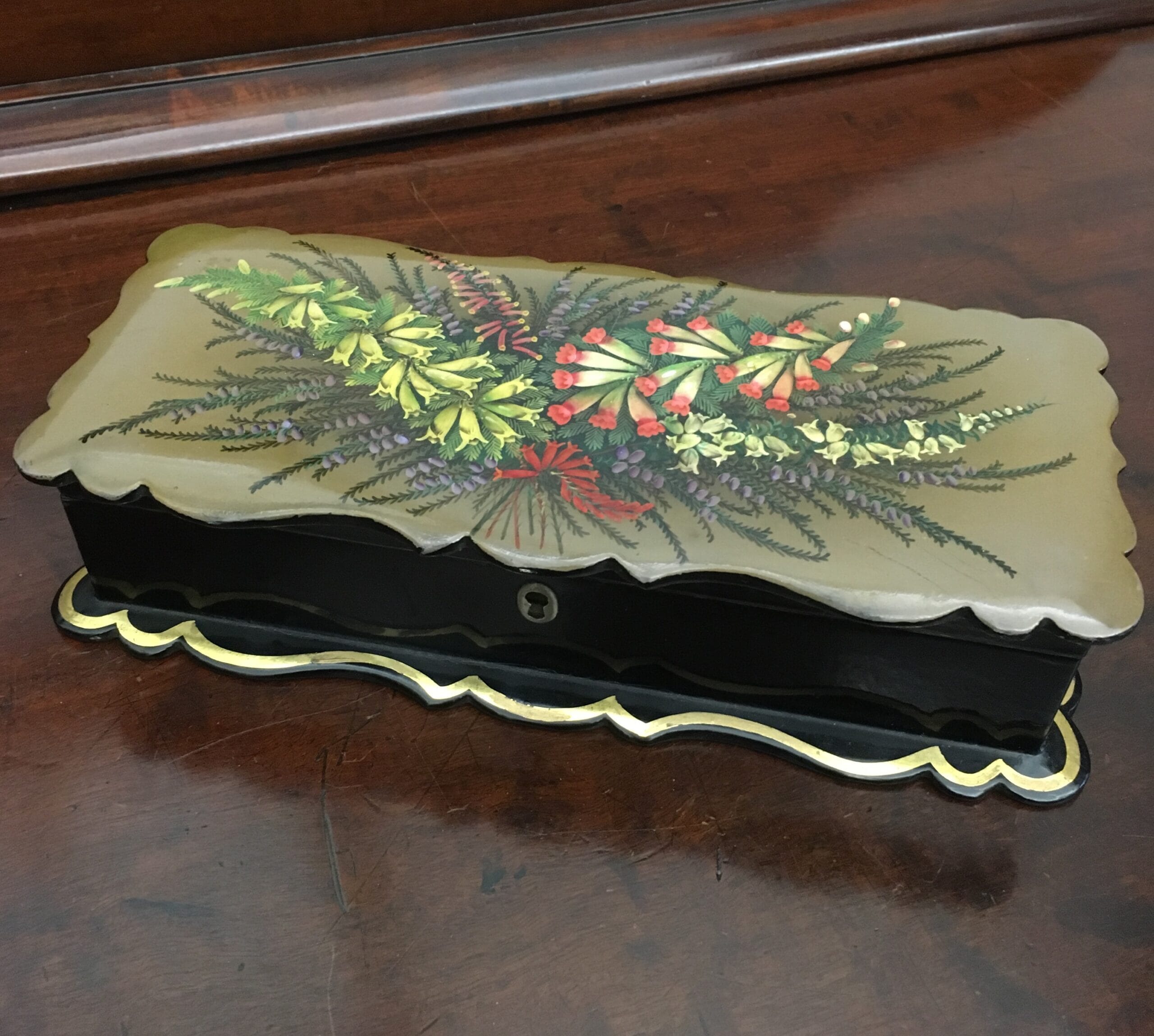 Victorian paper mache box with original lining, the decorated with flowers, c. 1875-0