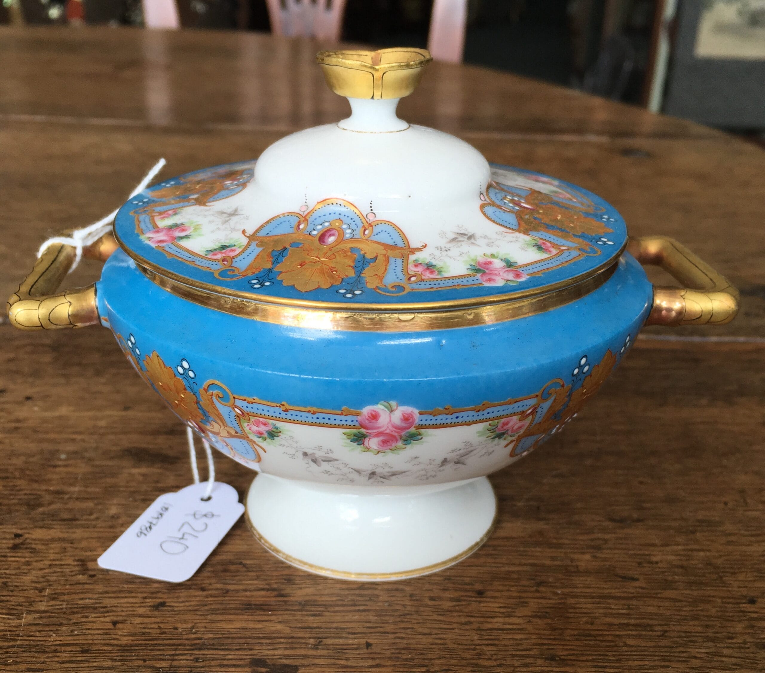 Limoges porcelain sugar bowl, ornate gilt on blue ground, c. 1875-0