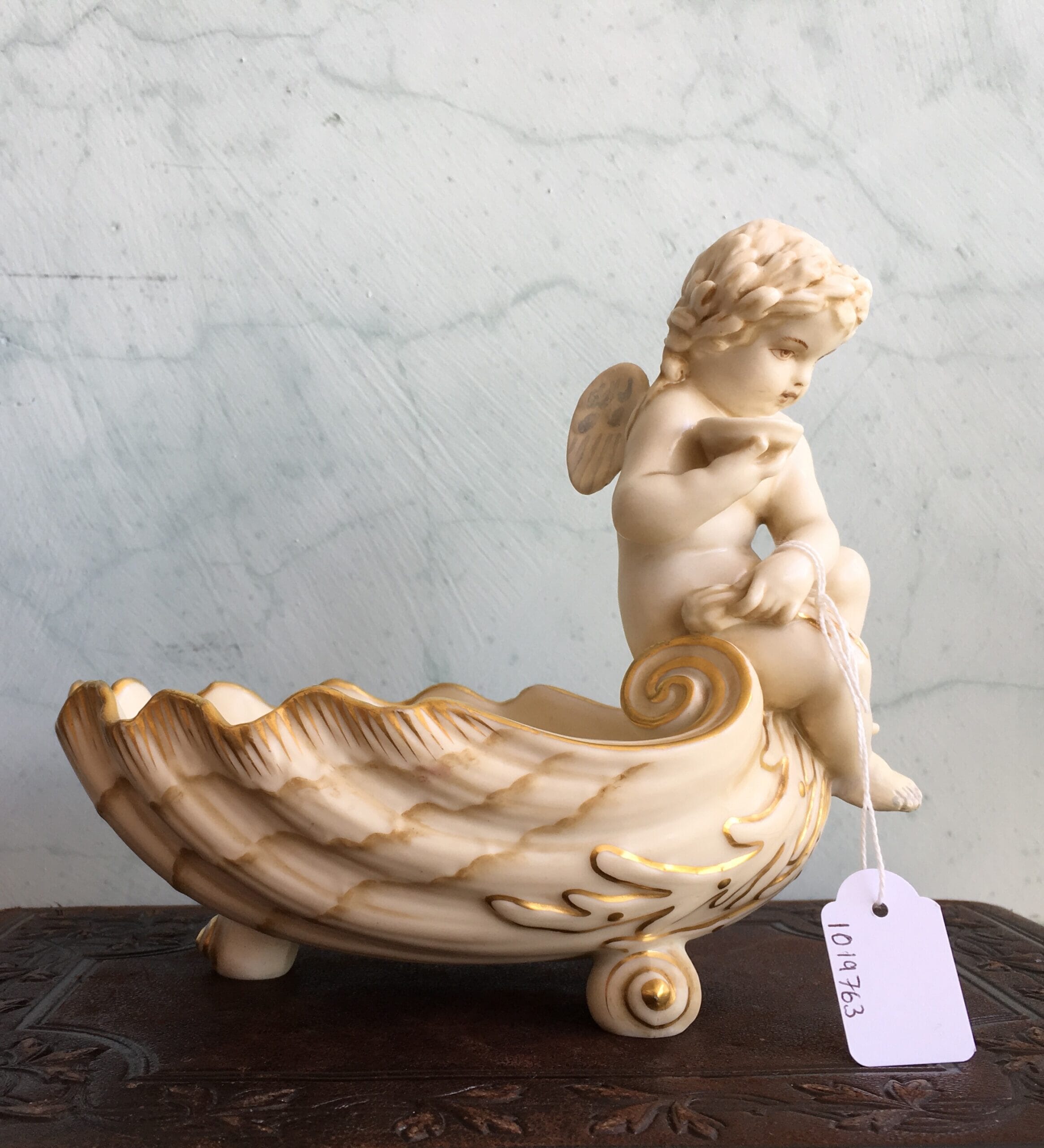 Minton Ivory Bisque shell dish with Cupid, dated 1892-0