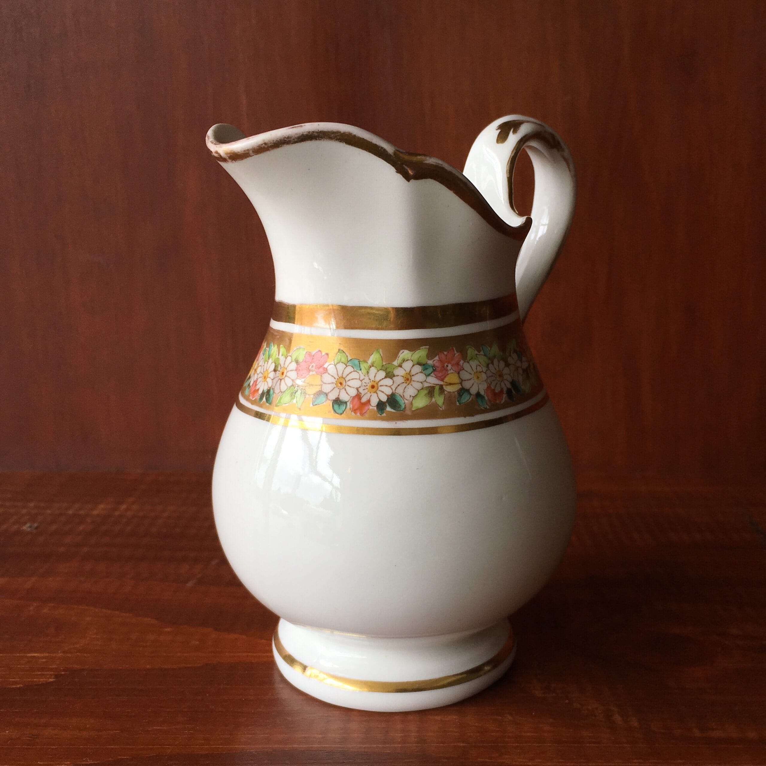 Victorian porcelain milk jug, flowers & gilt border, c. 1870 -0