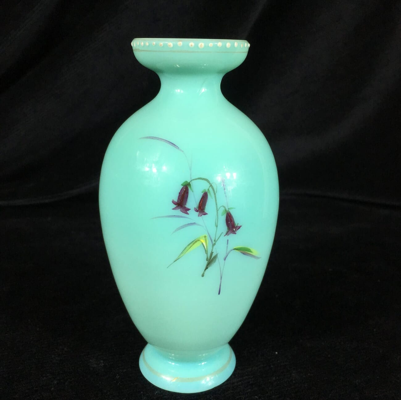 Victorian glass vase , pale turquoise with enamelled flowers, c. 1880 -19585