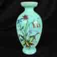 Victorian glass vase , pale turquoise with enamelled flowers, c. 1880 -0