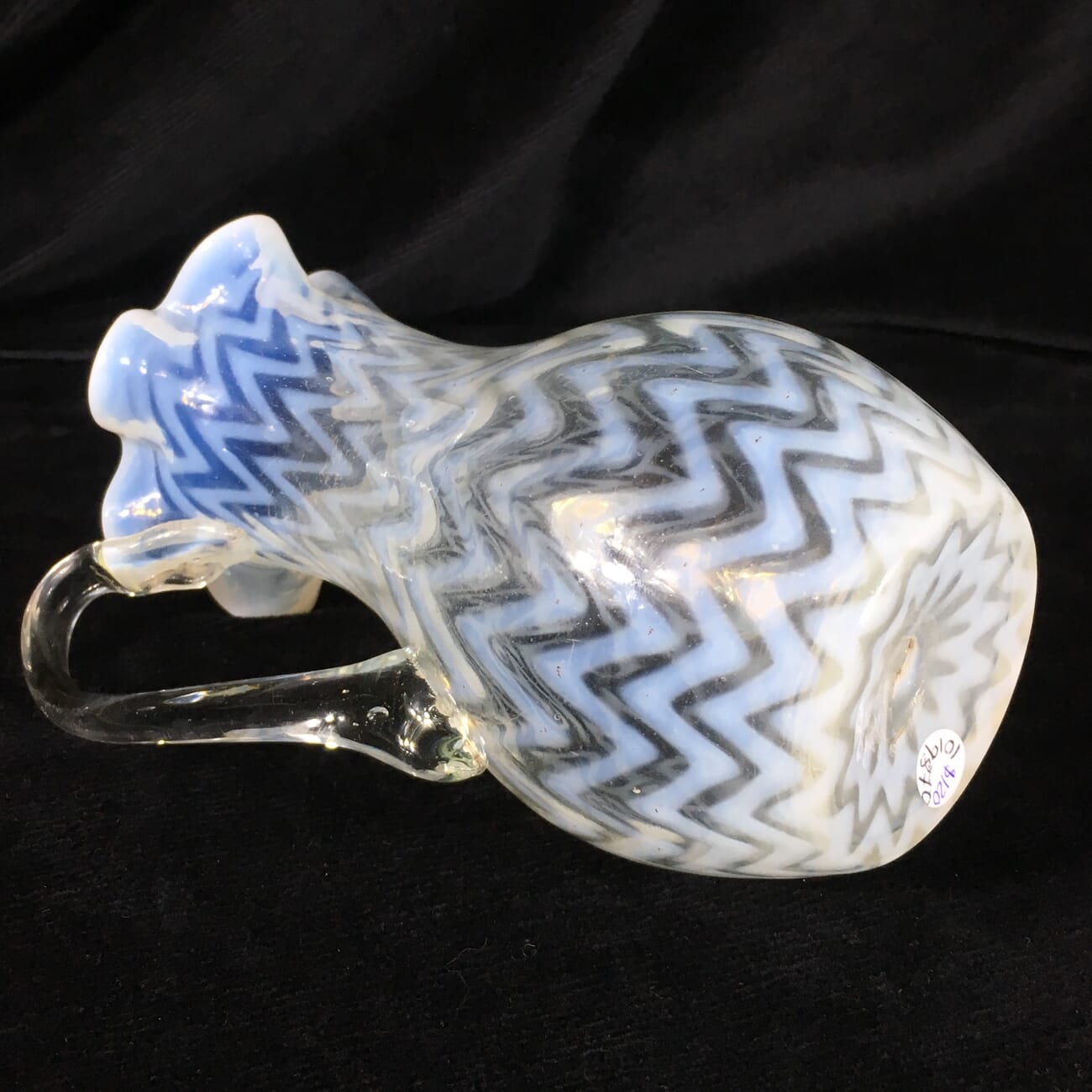 Victorian glass jug, chevron striped white on green, c. 1880 -19606