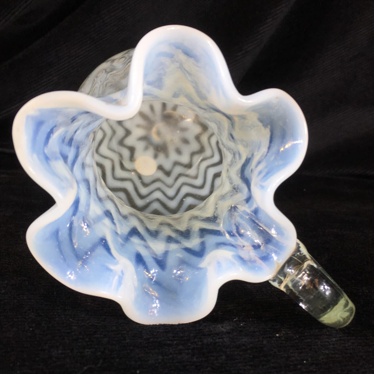 Victorian glass jug, chevron striped white on green, c. 1880 -19603