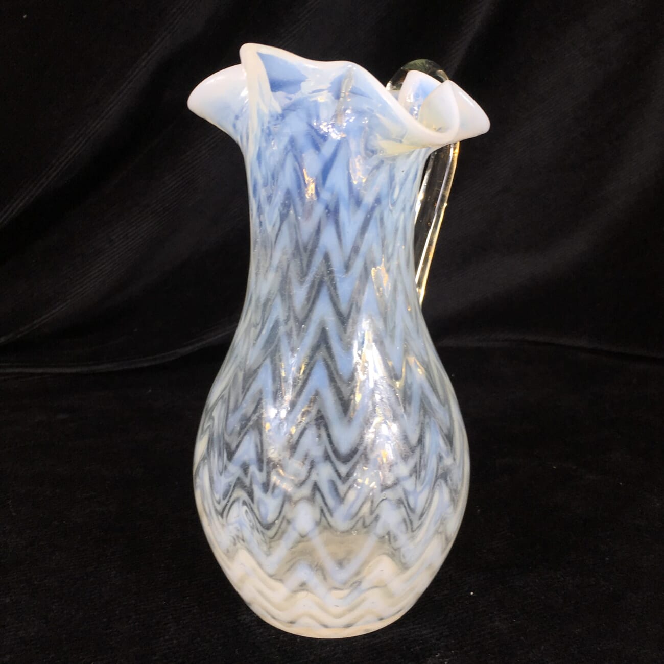 Victorian glass jug, chevron striped white on green, c. 1880 -19604