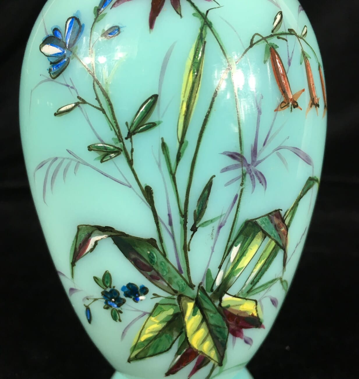 Victorian glass vase , pale turquoise with enamelled flowers, c. 1880 -19593