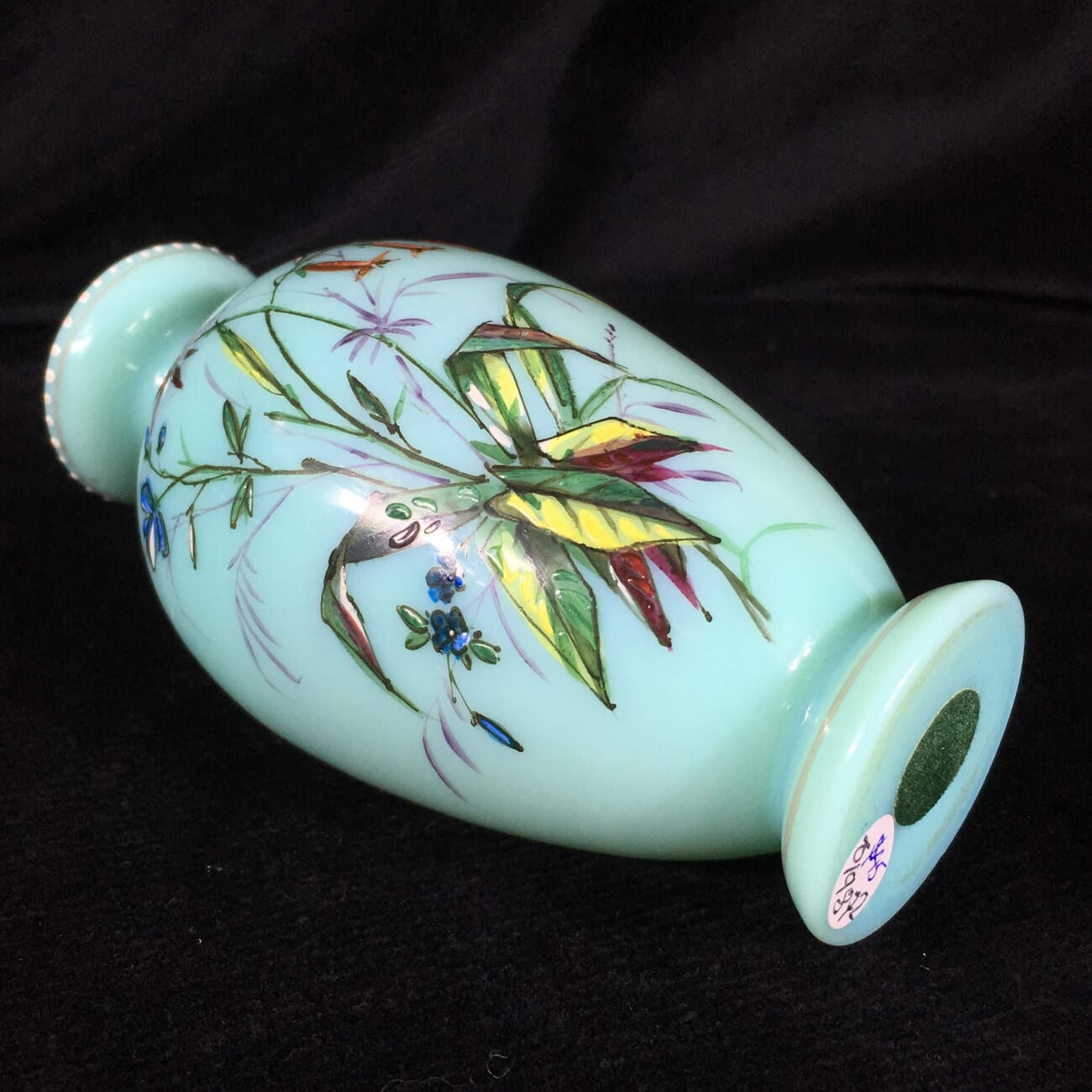 Victorian glass vase , pale turquoise with enamelled flowers, c. 1880 -19584