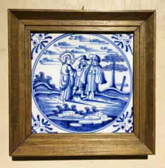 Dutch Delft Tinglaze blue & white tile, Biblical Scene, Circa 1700.-0