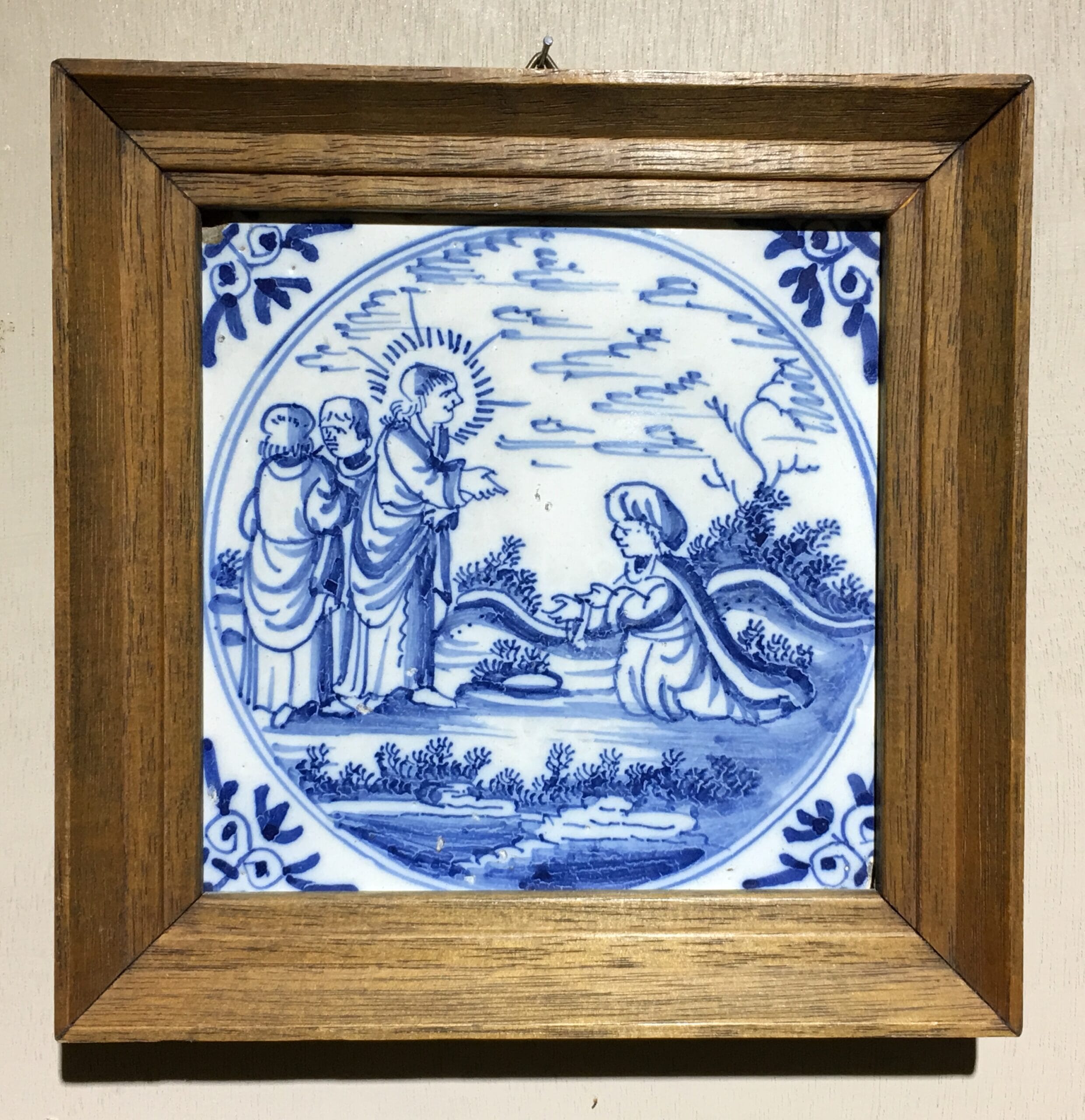 Dutch Delft Tinglazed blue & white tile, religious scene, Circa 1700-0