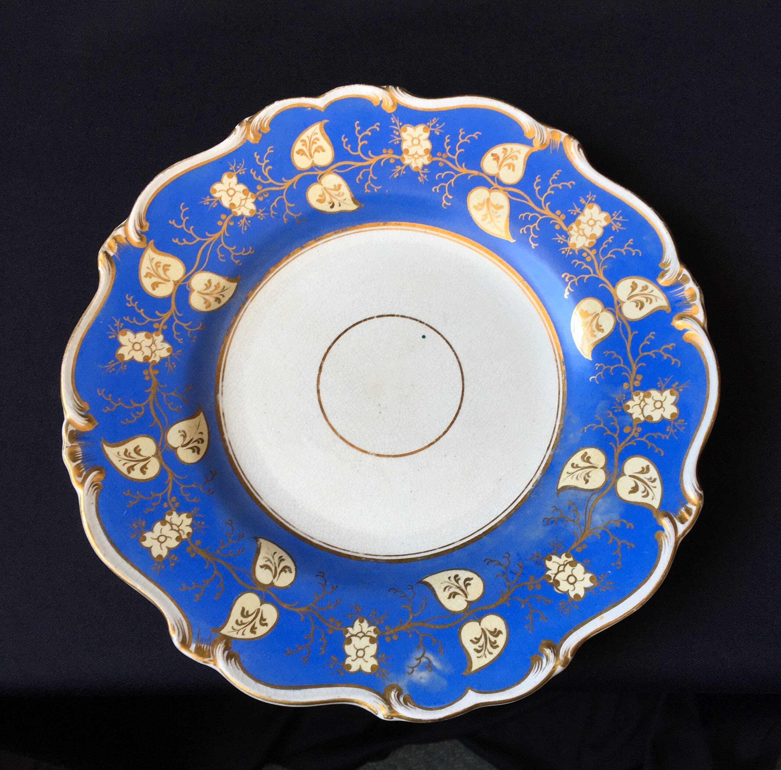 English pottery plate, stylized foliage on blue, c. 1835-0