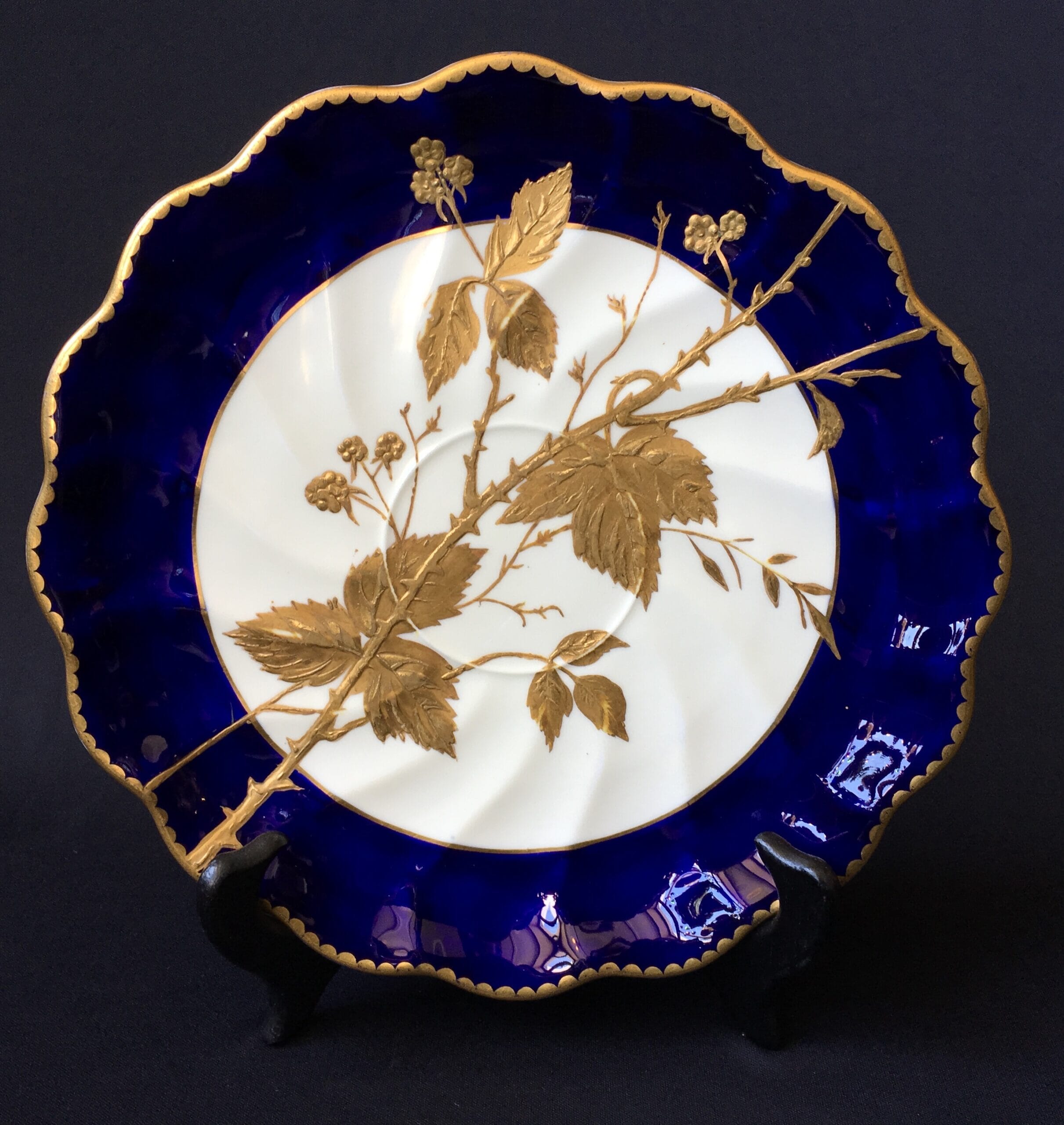 Davenport plate, mazarine blue with raised gold blackberries, c. 1875-0