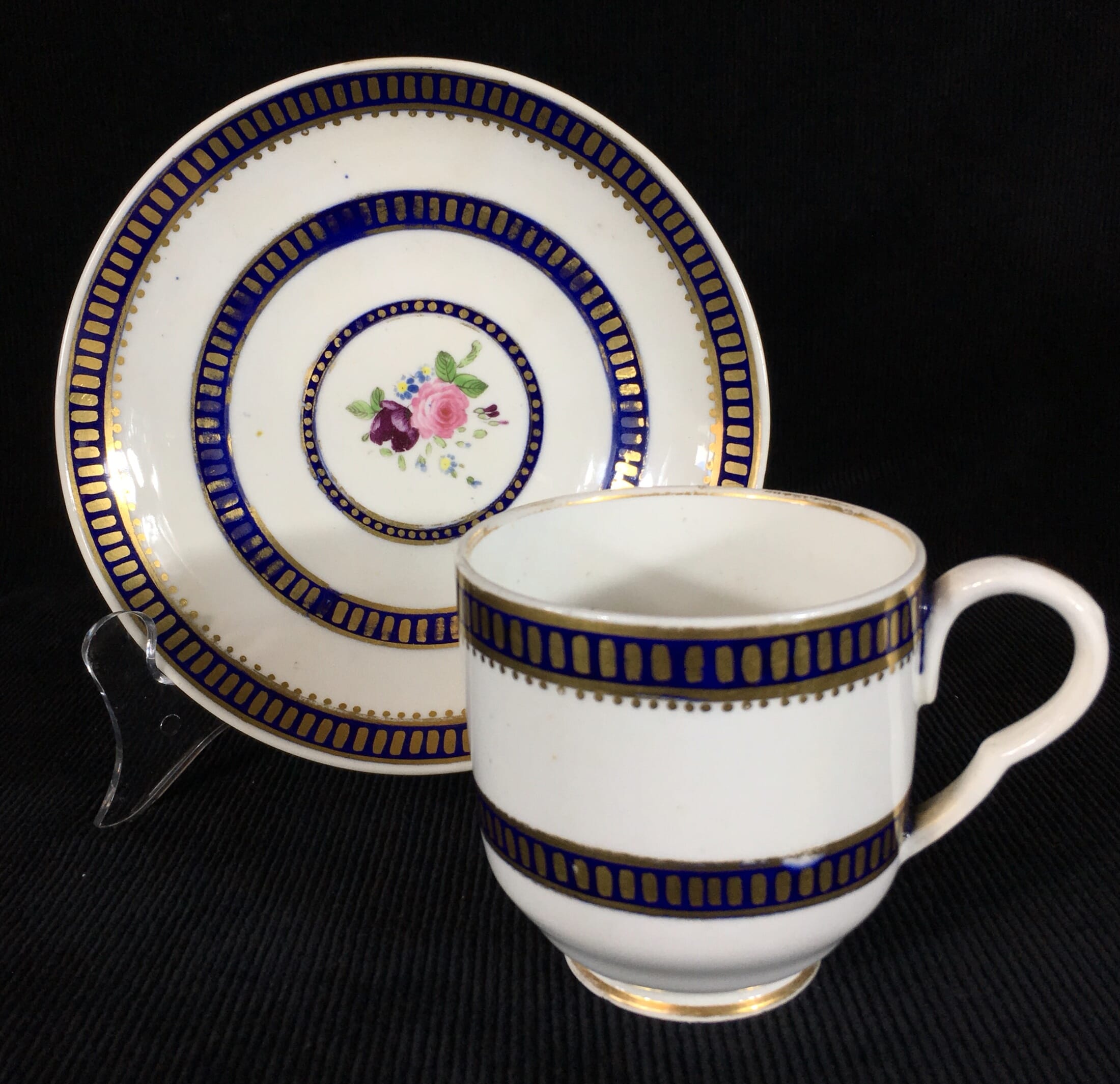 Bloor Derby cup & saucer with flowers in blue border, c.1830-0