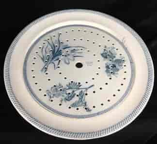 Large round Wedgwood pottery serving dish with pierced insert,printed flowers, dated 1878-0