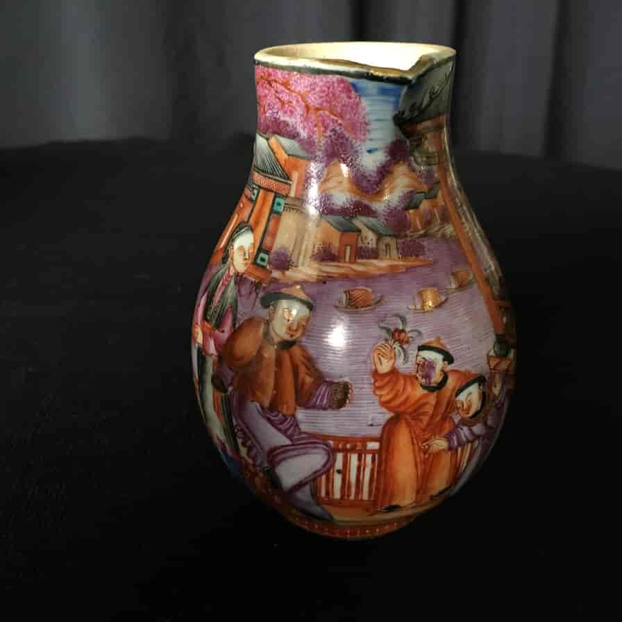 Chinese export milk jug with family scene, intense orange ground, c.1785 -20388