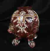 Victorian ruby glass vase , lions heads & enamels, Moser? c. 1880 -0