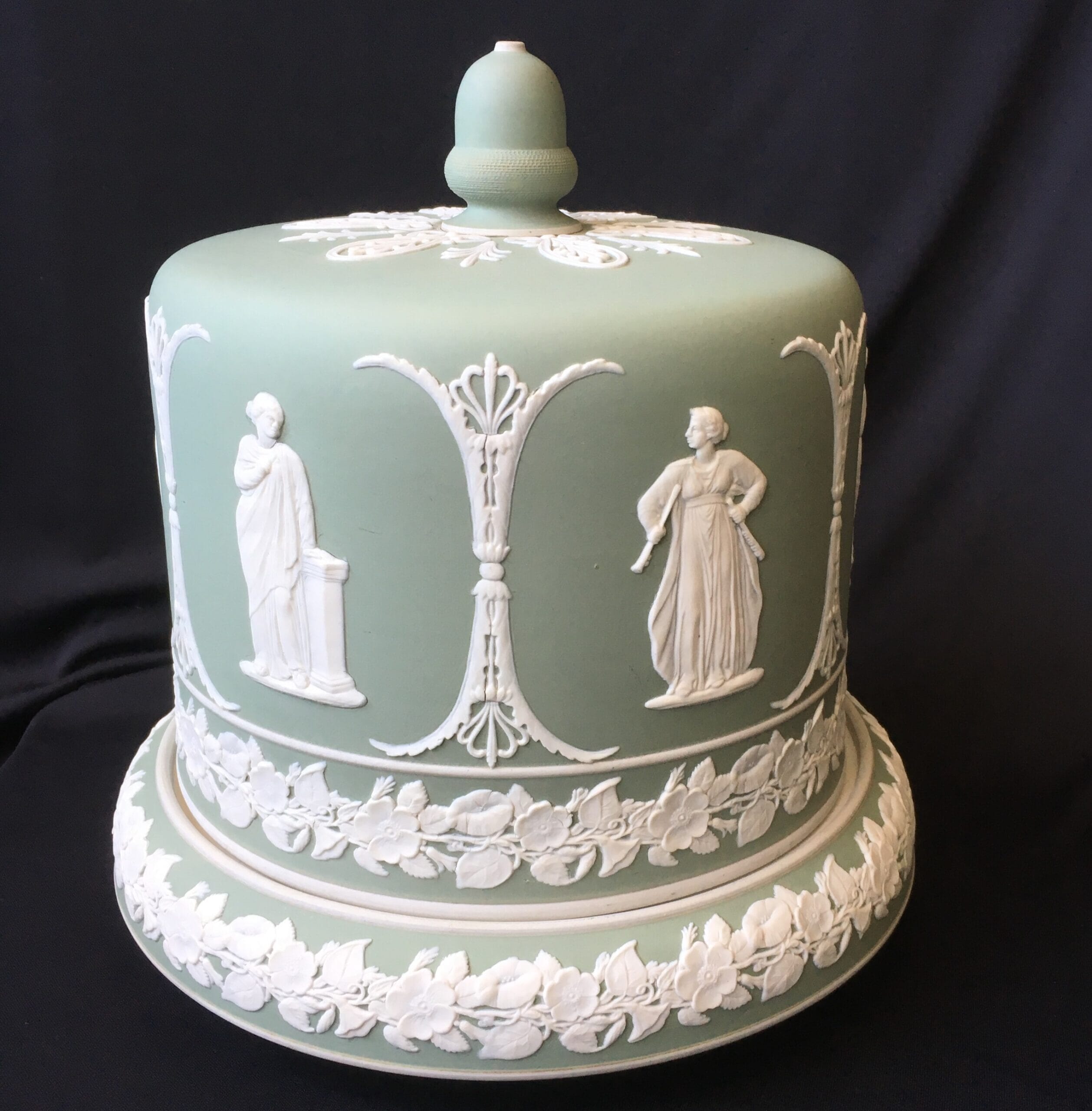 Jasperware Cheese Dome with applied classical figures, probably Dudson, c.1870-0