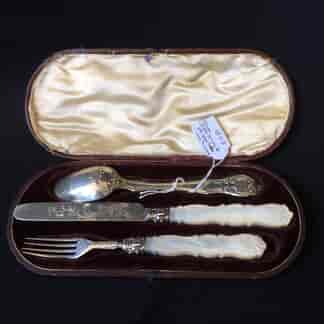 English Sterling Silver Child's set . Shefield 1868, 1869 in original box -0